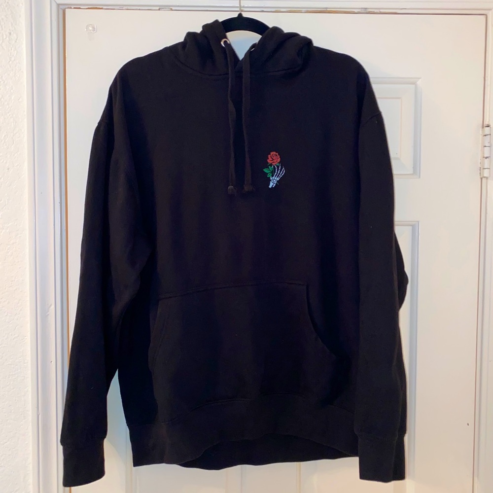 Black Hoodie with Skeleton Hand holding Rose